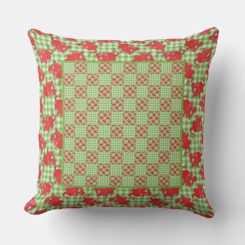 Pillow or Cushion Cute Red Dragon on Green Gingham