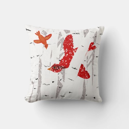 Pillow Red Cardinals in White Birches and Snow  Throw Pillow