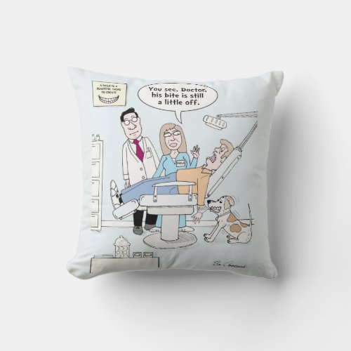 Pillow with cartoon gag about dental