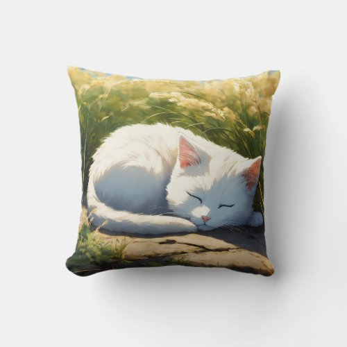  Pillow with Miyazaki_Inspired White Kitten Art