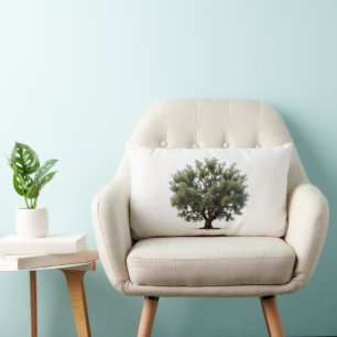 Pillow with olive tree on plain white background.