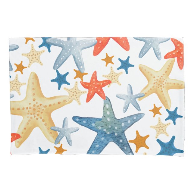 Pillowcase Starfish Seashell Pattern Blue Orange  (Front)