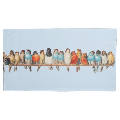 Pillowcase with row of birds on blue background  