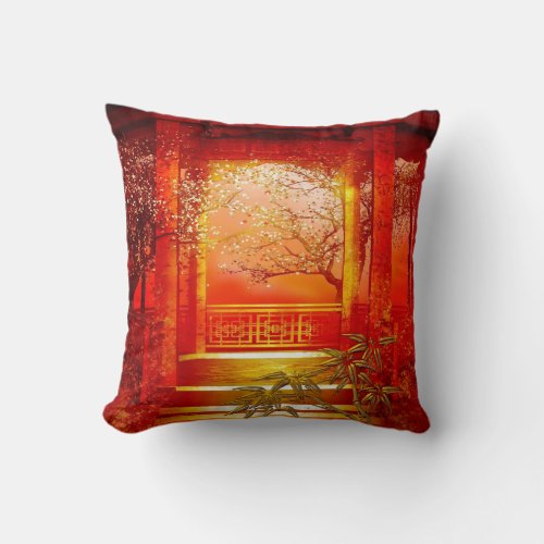 Pillows Asian Gold Red Bamboo Blossom