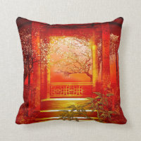 Pillows Asian Gold Red Bamboo Blossom
