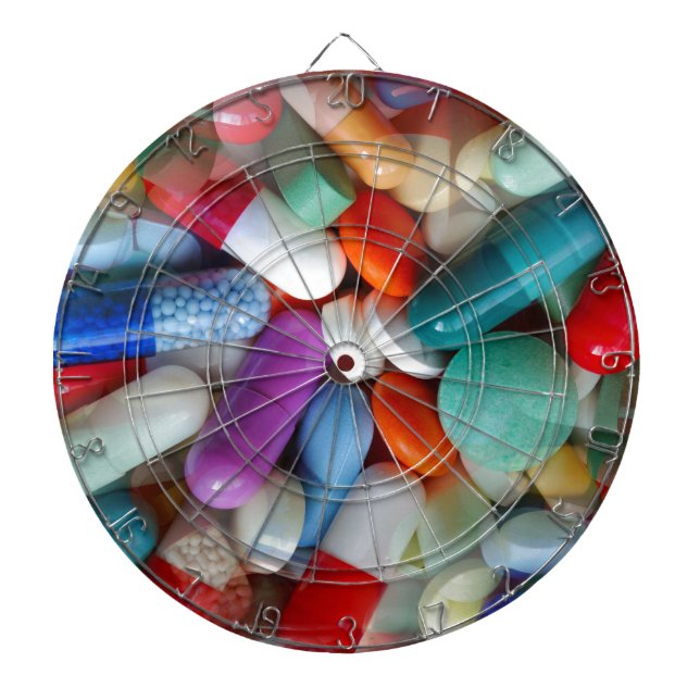 pills drugs dartboard with darts (Front)