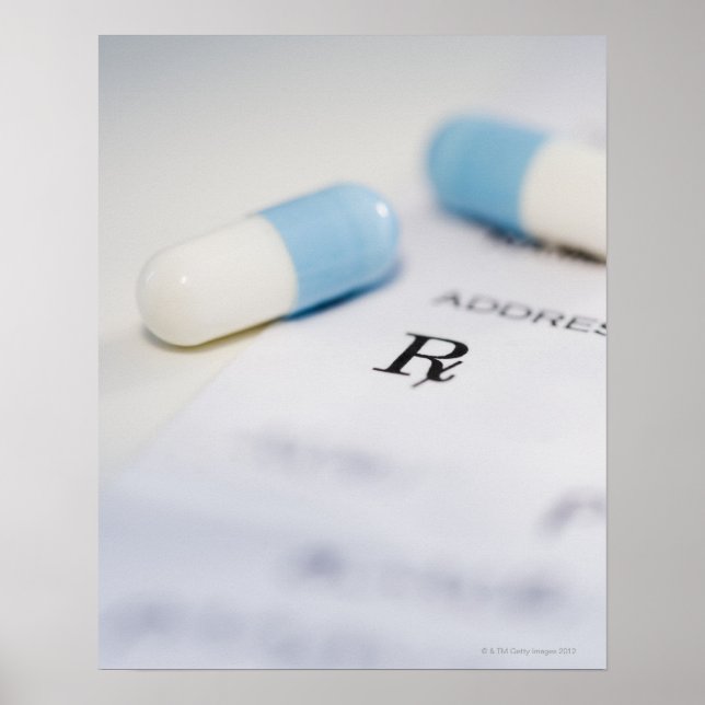 Pills on written prescription poster (Front)