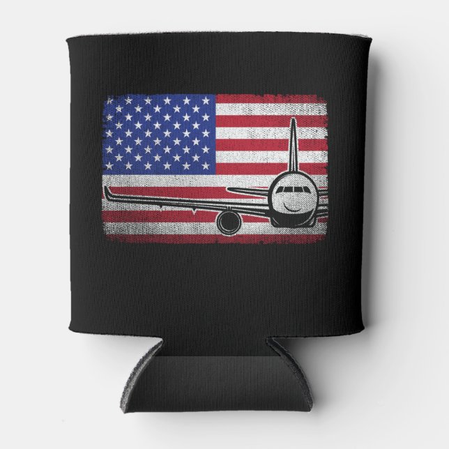 Pilot Airplane American Flag Plane Aviation  Can Cooler (Front)