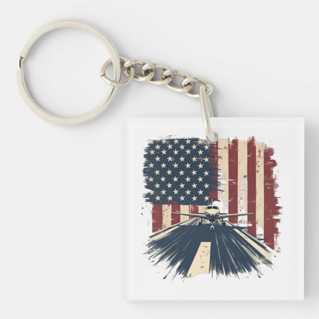 Pilot Airplane American Flag Plane Aviation Keychain (Front)