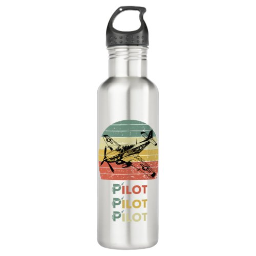 Pilot Airplane Aviation Retro Sunset Stainless Steel Water Bottle