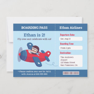 Pilot Airplane Boarding Pass Birthday Party Blue Invitation