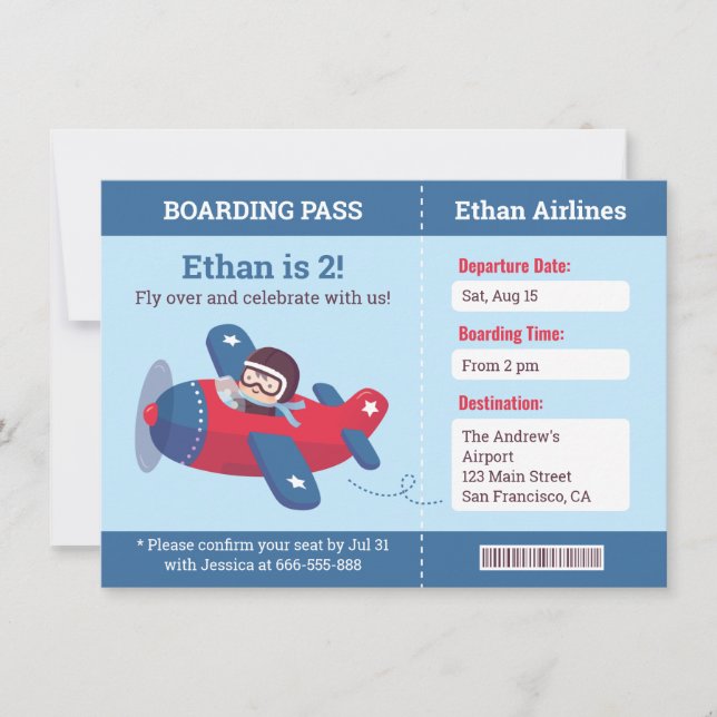 Pilot Airplane Boarding Pass Birthday Party Blue Invitation (Front)