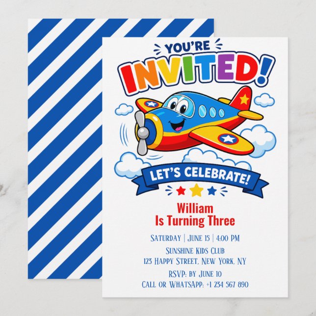 Pilot Airplane Boy | 3rd Birthday Plane Party  Invitation (Front/Back)