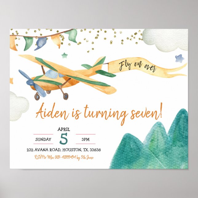Pilot Airplane Boy Birthday Party Invitation Poster (Front)