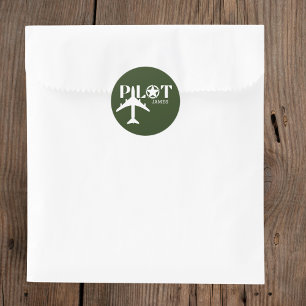Pilot and Airplane Military Green Personalized Classic Round Sticker