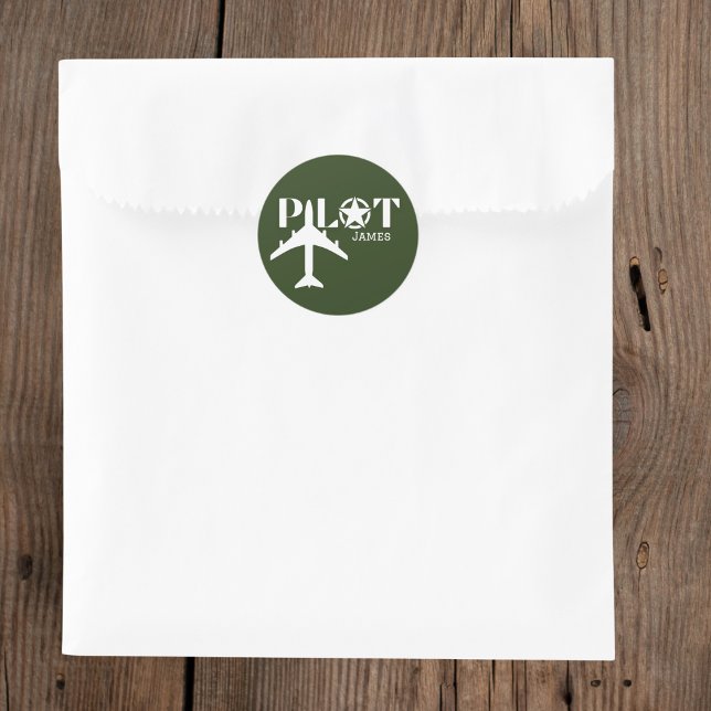 Pilot and Airplane Military Green Personalized  Classic Round Sticker (Creator Uploaded)