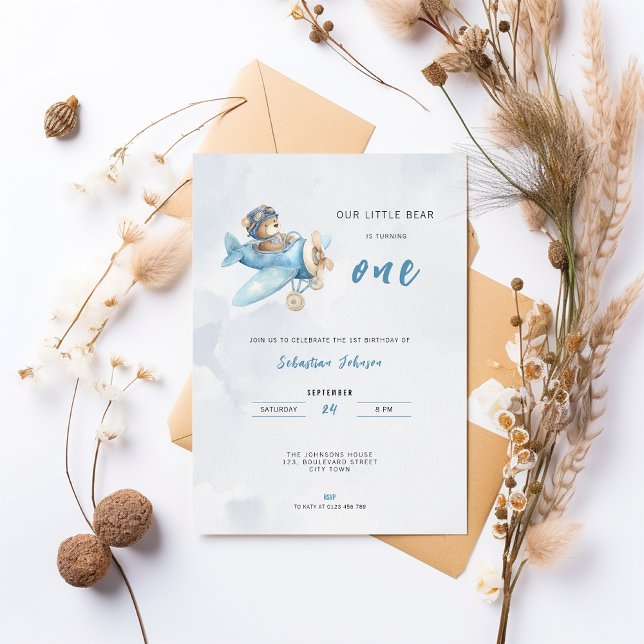 Pilot Bear Airplane 1st Birthday Party Invitation (Cute Pilot Plane 1st birthday invitation for boys
)