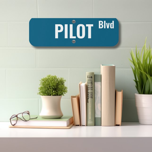 Pilot Blvd Aviation Typography Blue Simple Custom Metal Sign (Creator Uploaded)