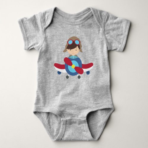 Pilot Boy Airplane Plane Flying Brown Hair Baby Bodysuit