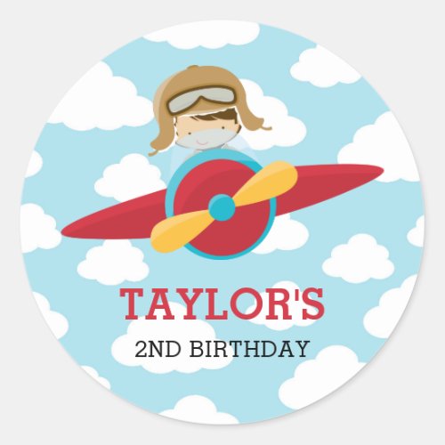 Pilot Boy Favor Stickers Red Airplane Cloud