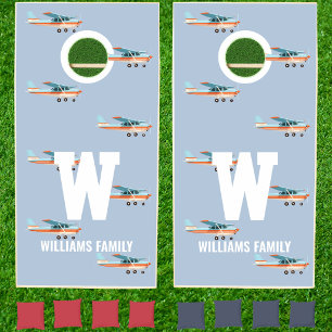 Pilot Cessna Airplane Family Monogram Name Blue Cornhole Set