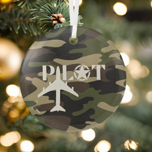 Pilot & Military airplane, Camouflage, Minimalist Glass Ornament