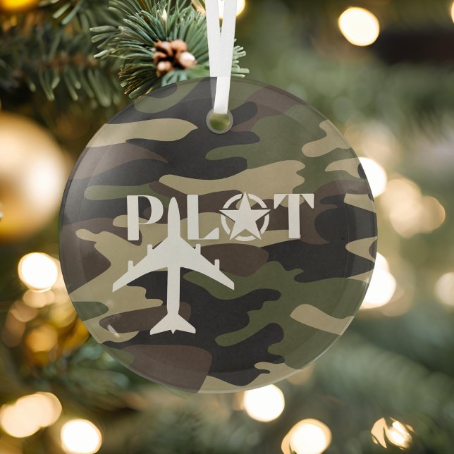 Pilot & Military airplane, Camouflage, Minimalist Glass Ornament (Creator Uploaded)