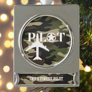 Pilot & Military airplane, Camouflage, Minimalist Silver Plated Banner Ornament