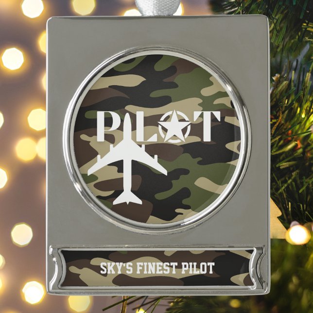 Pilot & Military airplane, Camouflage, Minimalist Silver Plated Banner Ornament (Creator Uploaded)