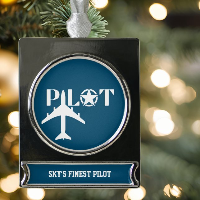 Pilot & Military airplane, Camouflage, Minimalist Silver Plated Banner Ornament (Creator Uploaded)
