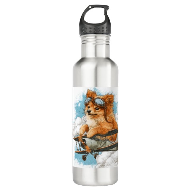 Pilot Pomeranian � Flying Ace Dog Stainless Steel Water Bottle (Front)
