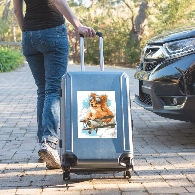 Pilot Pomeranian � Flying Ace Dog Sticker (Suitcase Insitu)