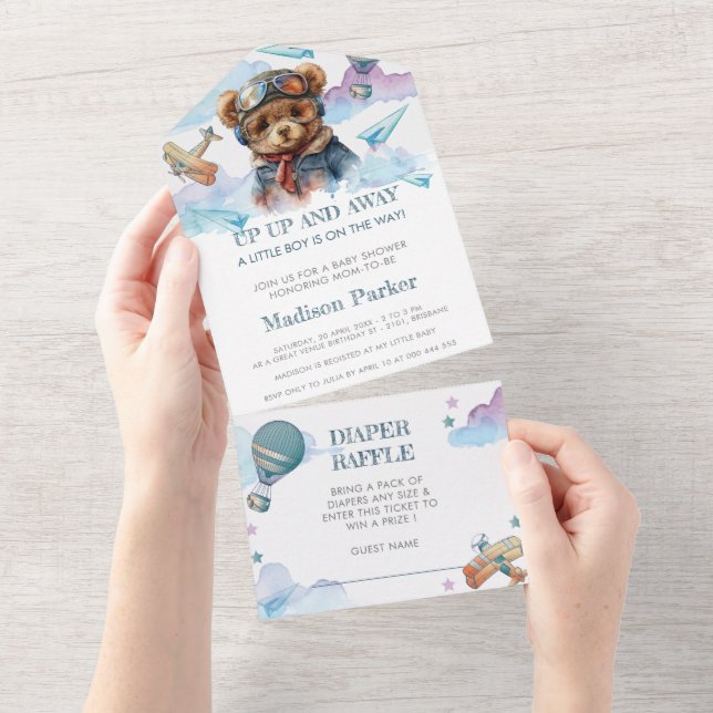 Pilot Teddy Bear Baby Shower Diaper Raffle All In One Invitation (Tearaway)