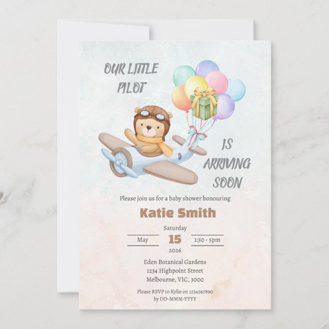 Pilot Teddy Bear Baby Shower Invitation (Front)
