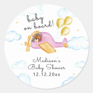 Pilot Teddy Bear Balloon Airplane Baby Shower  Classic Round Sticker
