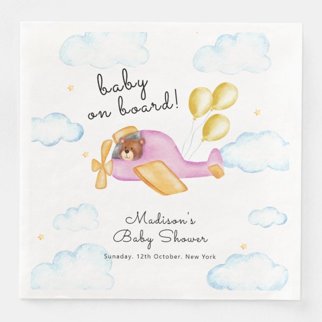 Pilot Teddy Bear Balloon Airplane Baby Shower  Paper Dinner Napkins (Front)