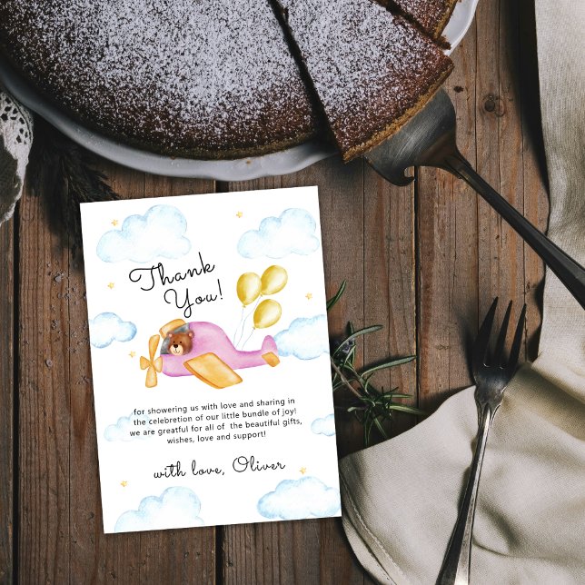 Pilot Teddy Bear Balloon Airplane Baby Shower  Thank You Card (Pilot Teddy Bear Balloon Airplane Baby Shower Thank You Card)