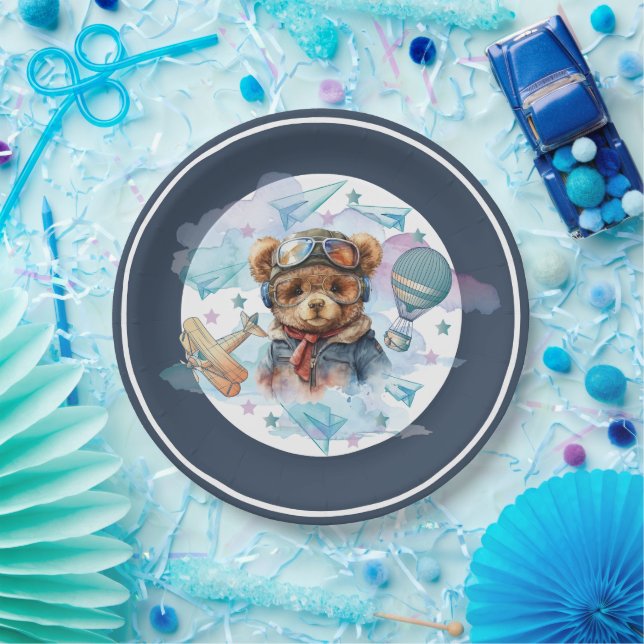 Pilot Teddy Bear Birthday Baby Shower Paper Plates (Party)