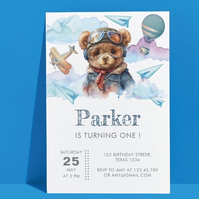 Pilot Teddy Bear First Birthday Kids Invitation (Creator Uploaded)