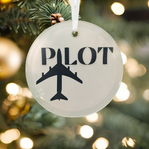 Pilot Typography & Airplane,Minimalist, Christmas Glass Ornament
