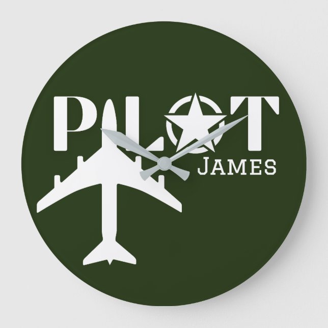 Pilot Typography & Airplane Minimalist Personalize Large Clock (Front)