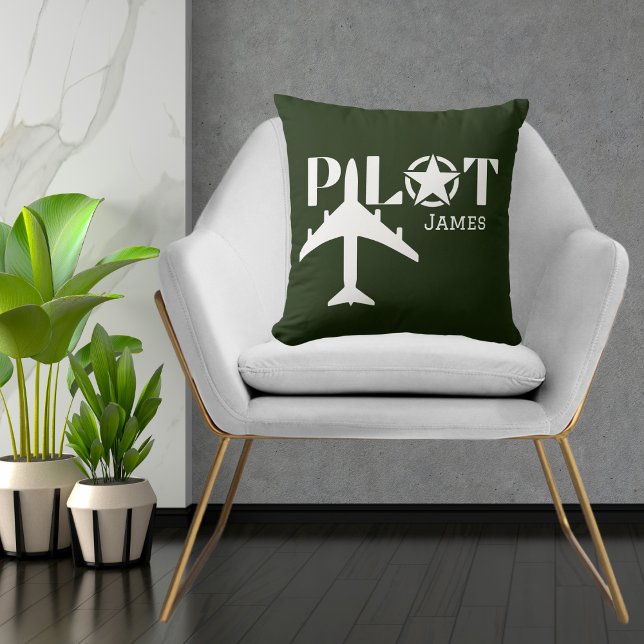 Pilot Typography & Military airplane, Minimalist Throw Pillow (Creator Uploaded)