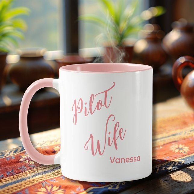 Pilot Wife Pink Script Cute Simple Custom Name Mug (Creator Uploaded)