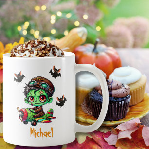 Pilot Zombie flying Airplane & Bat Funny Halloween Coffee Mug