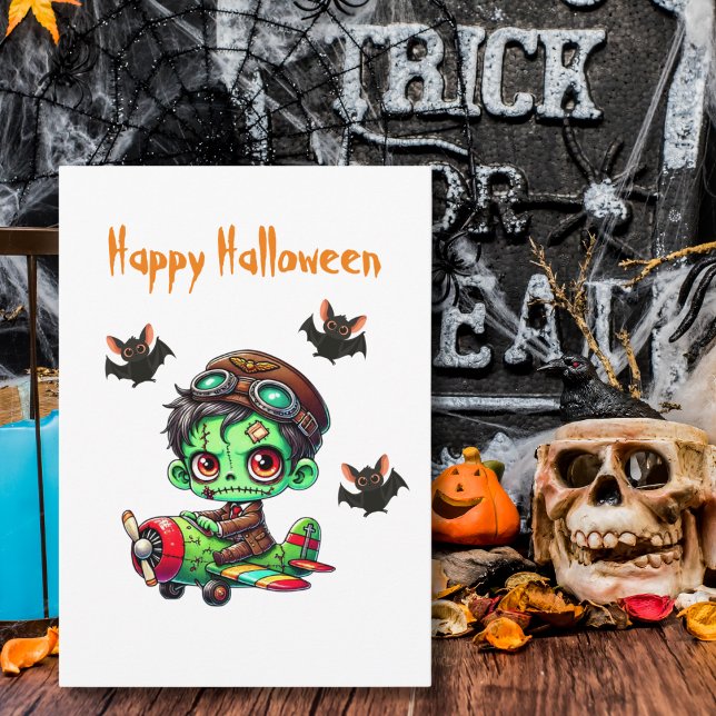 Pilot Zombie flying Airplane & Bat Funny Halloween Postcard (Creator Uploaded)