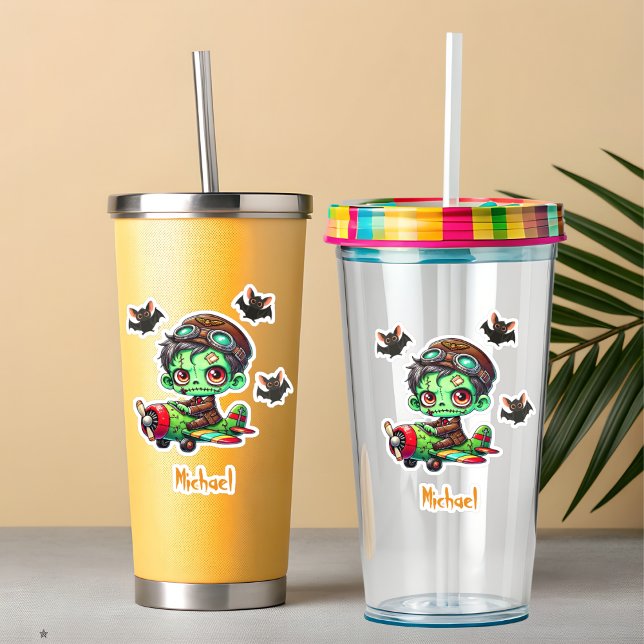 Pilot Zombie flying Airplane & Bat Funny Halloween Sticker (Creator Uploaded)