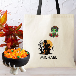 Pilot Zombie flying Airplane & Bat Funny Halloween Tote Bag