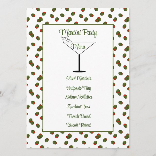 Pimento Olives Martini Party Menu Card (Front)