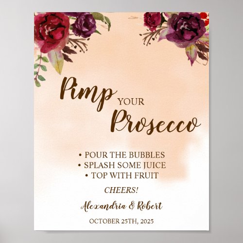 Pimp your Prosecco Burgundy Flowers Wedding Sign