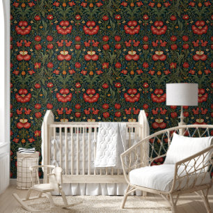 Pimpernel Red Green Pattern William Morris Style Wallpaper